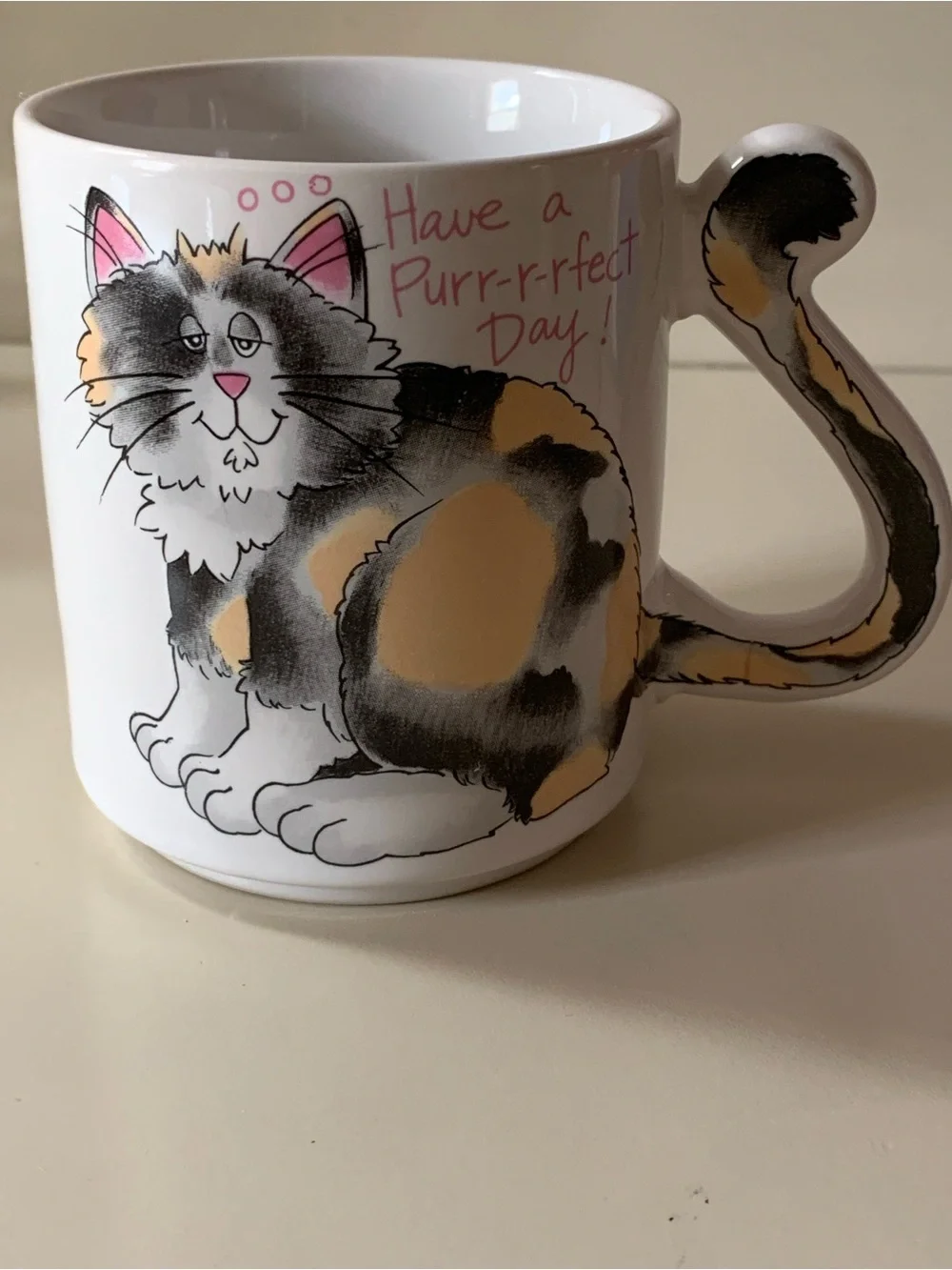 Vintage Action Japan Calico Cat Mug - Tail Handle - Have a Purr-r-fect Day